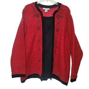 Cathy Daniels Red Black W/Black Trim 2-in-1 Boucle Pullover Sweater Size 1X‎